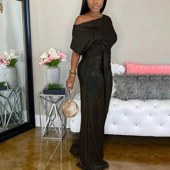 Pants - Women’s off shoulder sparkly jumpsuit with high waist and wide leg.